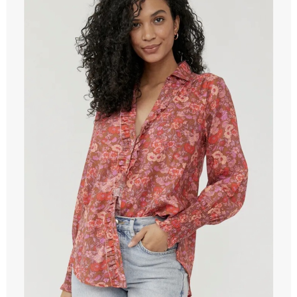 Free People Wild Gardenia Blouse Large Earth Combo Long Sleeve Shirt Top $138
